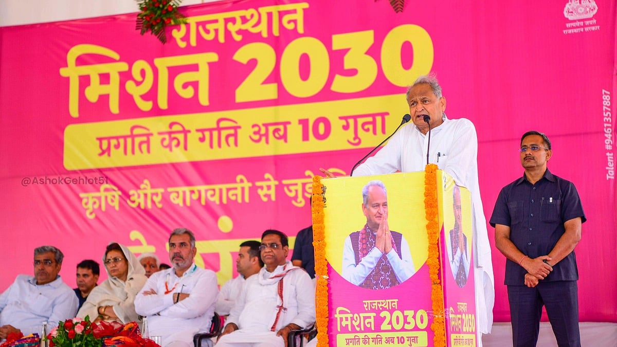 Rajasthan chief minister Ashok Gehlot addresses a public meeting (photo: @ashokgehlot51/ X)