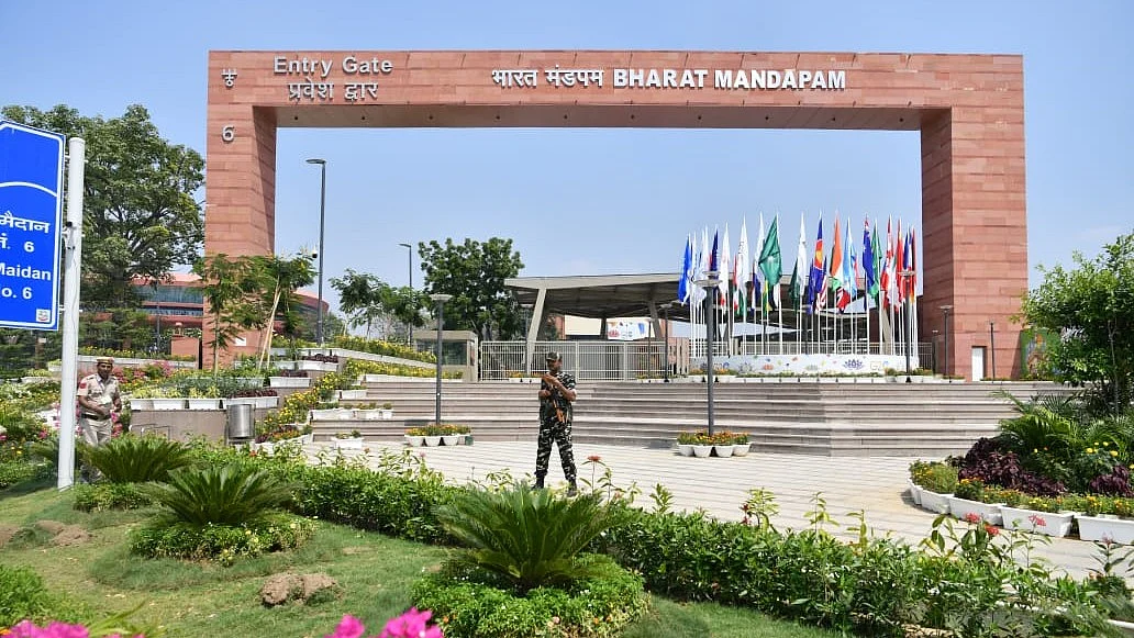 Security personnel stand guard outside The Bharat Mandapam ahead of the G20 summit in New Delhi (Photo: National Herald/ Vipin)