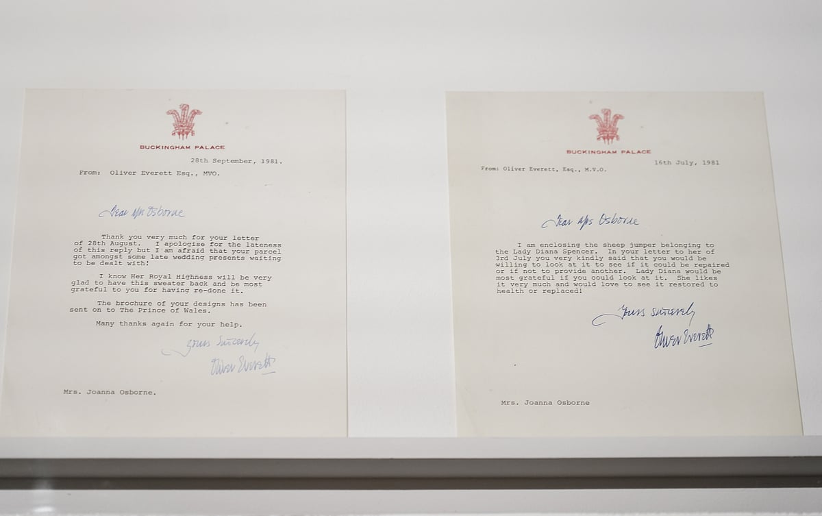 Buckingham Palace letters detailing correspondence from the late Diana's private secretary on display alongside her black sheep jumper at Sotheby's (photo: Getty Images)