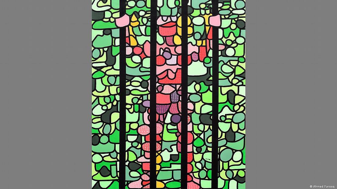 A painting by Ahmer Farooq that comments on how LGBTQ are imprisoned, whether literally or through cultural pressure to conform (Photo: Ahmed Farooq)