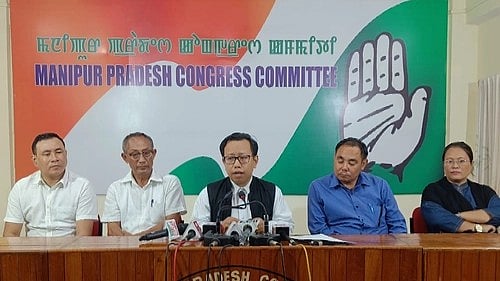 Manipur Congress spokesperson Ningombam Bupenda Meitei at the press conference (photo: IANS)
