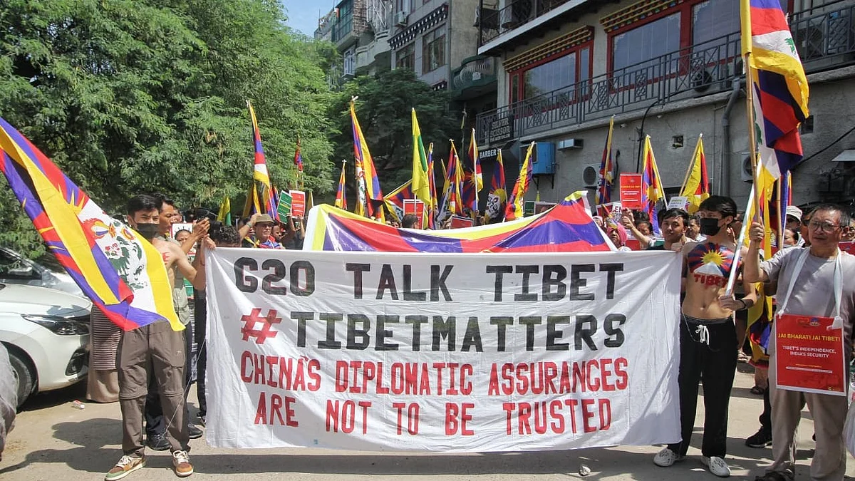 Tibetan Youth Congress (TYC) protest against China's alleged occupation over Tibet and their partcipation in the upcoming G20 India summit, at Majnu Ka Tilla in New Delhi (Photo: National Herald/ Vipin)