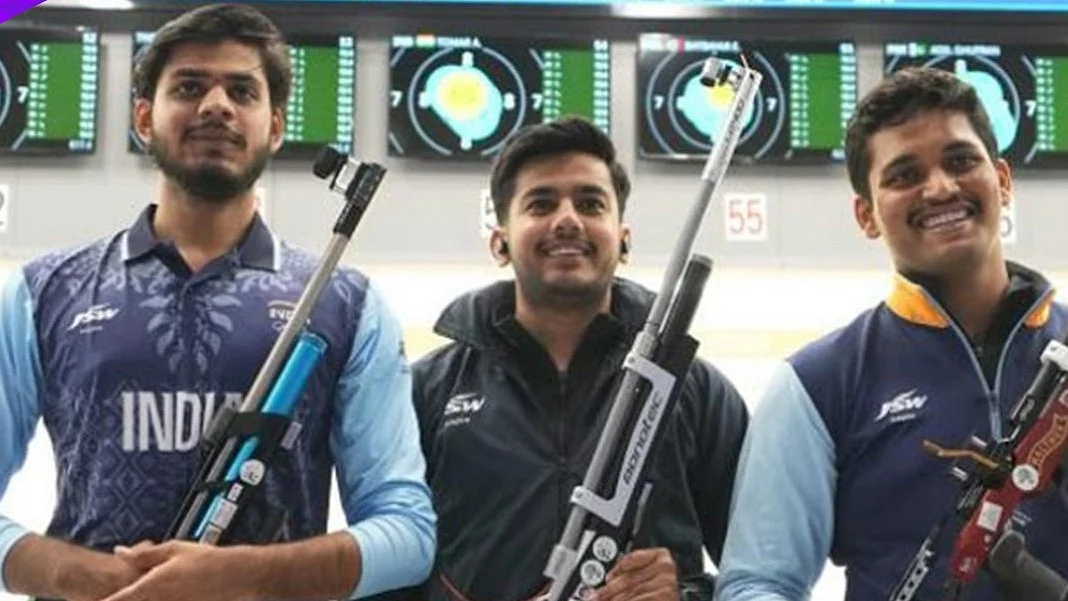 Indian trio, Rudransh Patil, Divyansh Panwar, and Aishwary Tomar, lead India to glory at the 19th Asian Games (photo: @19thAGofficial/X)