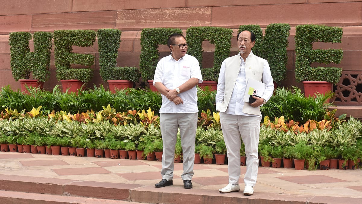 Nagaland chief minister Neiphiu Rio (right) at the Parliament House complex during the monsoon session on 4 August 2023 (photo: Sonu Mehta/Hindustan Times via Getty Images)
