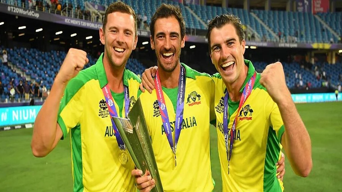 Josh Hazlewood, Pat Cummins and Mitchell Starc (photo: @CricketAus/ X)