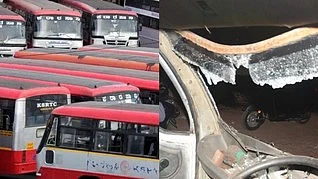 The culprits had shattered the windows of the buses (photo: IANS)