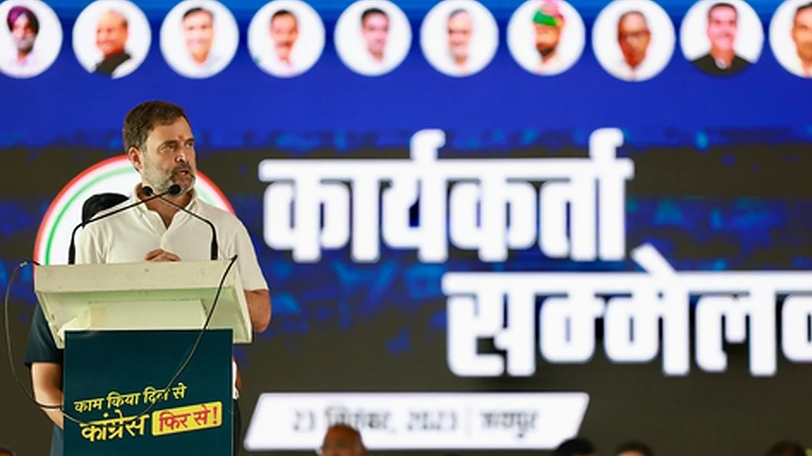 Congress leader Rahul Gandhi addresses people in Jaipur (Photo: IANS)