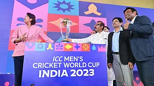 Tennis icon Leander Paes unveils the ICC World Cup trophy with others (Photo: CAB)