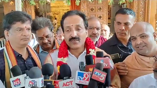 The Chairman of Indian Space Research Organisation (ISRO), S. Somanath speaking to the media in a temple (photo: IANS)
