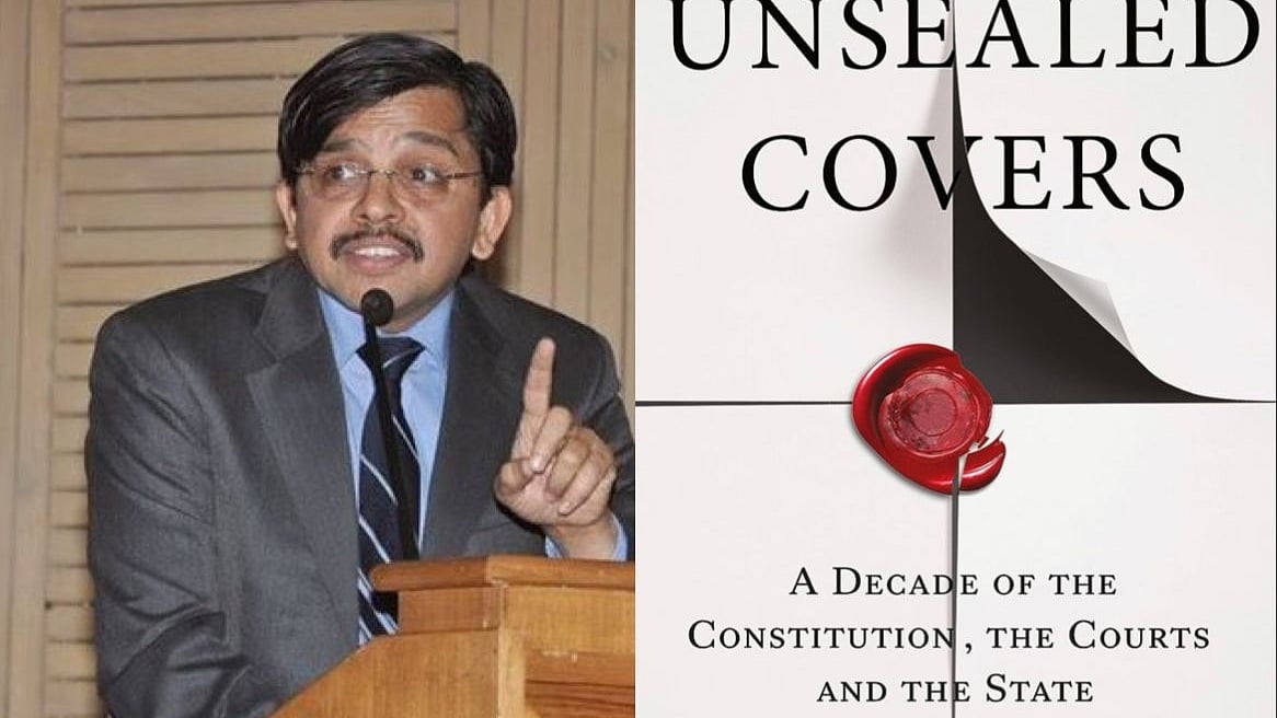 Justice S Muralidhar and the cover of Gautam Bhatia’s new book ‘Unsealed Covers: A Decade of the Constitution, the Courts, and the State’ (photo: National Herald archives)