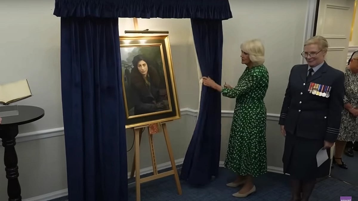 Queen Camilla reveals painting of Indian-origin WWII spy Noor Inayat Khan at the Royal Air Force Club, London (photo courtesy The Royal Family Channel/YouTube)
