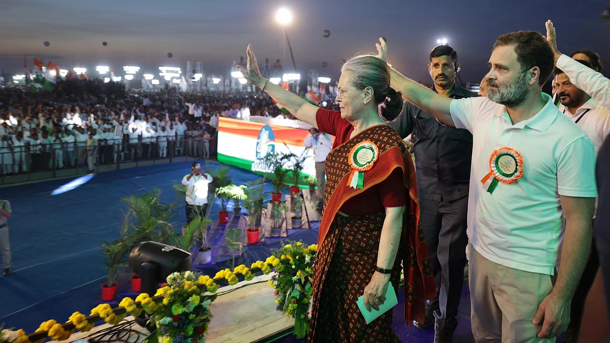 Sonia Gandhi (left) and Rahul Gandhi wave to the crowds at a rally near Hyderabad, @INCIndia/X