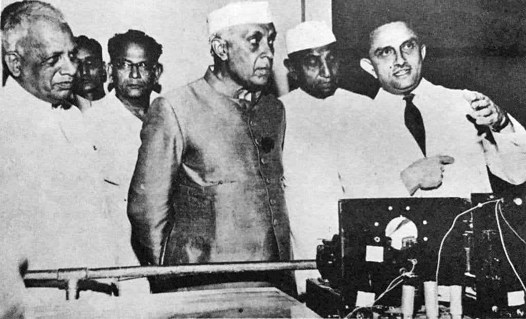 The then Prime Minister Jawaharlal Nehru with Vikram Sarabhai (extreme right), circa 1954