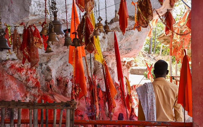 The cave on the mountain where pahans, traditional priests of the Adivasis, from Anjan village perform puja (Photo: Jacinta Kerketta)