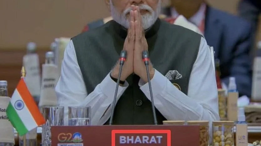 Observers noted the 'Bharat' tag in front of Prime Minister Narendra Modi during the inauguration of the G20 Summit in New Delhi today, 9 September (photo: IANS)