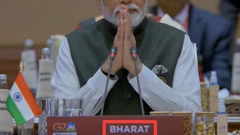 Observers noted the 'Bharat' tag in front of Prime Minister Narendra Modi during the inauguration of the G20 Summit in New Delhi today, 9 September (photo: IANS)
