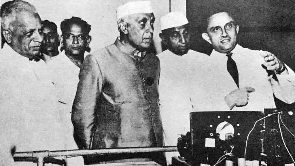 The then Prime Minister Jawaharlal Nehru with Vikram Sarabhai (extreme right), circa 1954