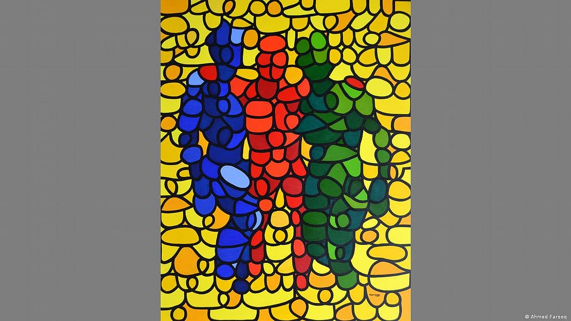 This piece by Ahmed Farooq refers to how gays have to keep their homosexual relationships secret, displaying a platonic friendship instead (Photo: Ahmed Farooq)
