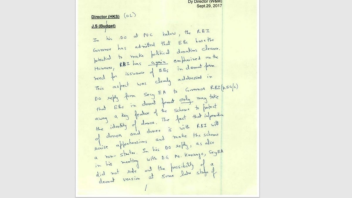 A handwritten note from then-secretary (economic affairs) Subhash Chandra Garg, dated 29 Sept 2017, expresses annoyance at the RBI repeatedly raising concerns about the electoral bond scheme