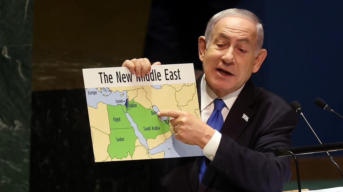 Israel's prime minister Benjamin Netanyahu showed world leaders at the United Nations (UN) General Assembly in New York, on 22 September 2023, his map of the 'New Middle East'—no Palestine, no separate Gaza strip (photo: Spencer Platt/Getty Images)