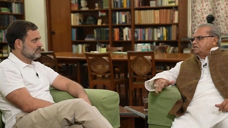 Congress MP Rahul Gandhi interviews former J&K governor Satyapal Malik (photo: @Politics_2022_/ X)