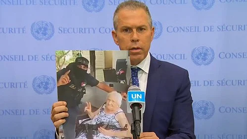 ''Israel may be under attack today, but this is not only a war against Israel, this is a war on the free world, it is a war on civilisation'' said Gilad Erdan as he showed pictures and videos of the killings and kidnappings by the Hamas.(photo: IANS)