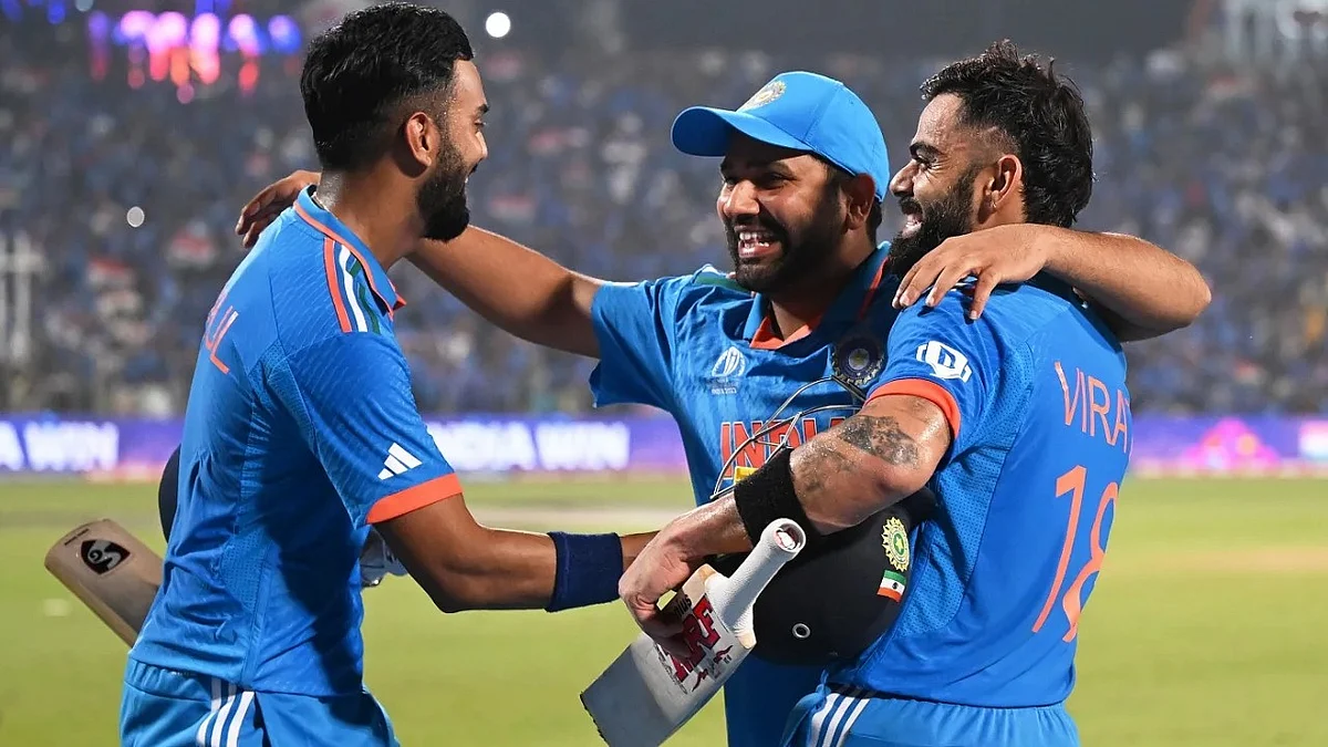 Jubilant Indian trio of Rohit Sharma, Virat Kohli & KL Rahul after their win over New Zealand (photo: Getty Images)