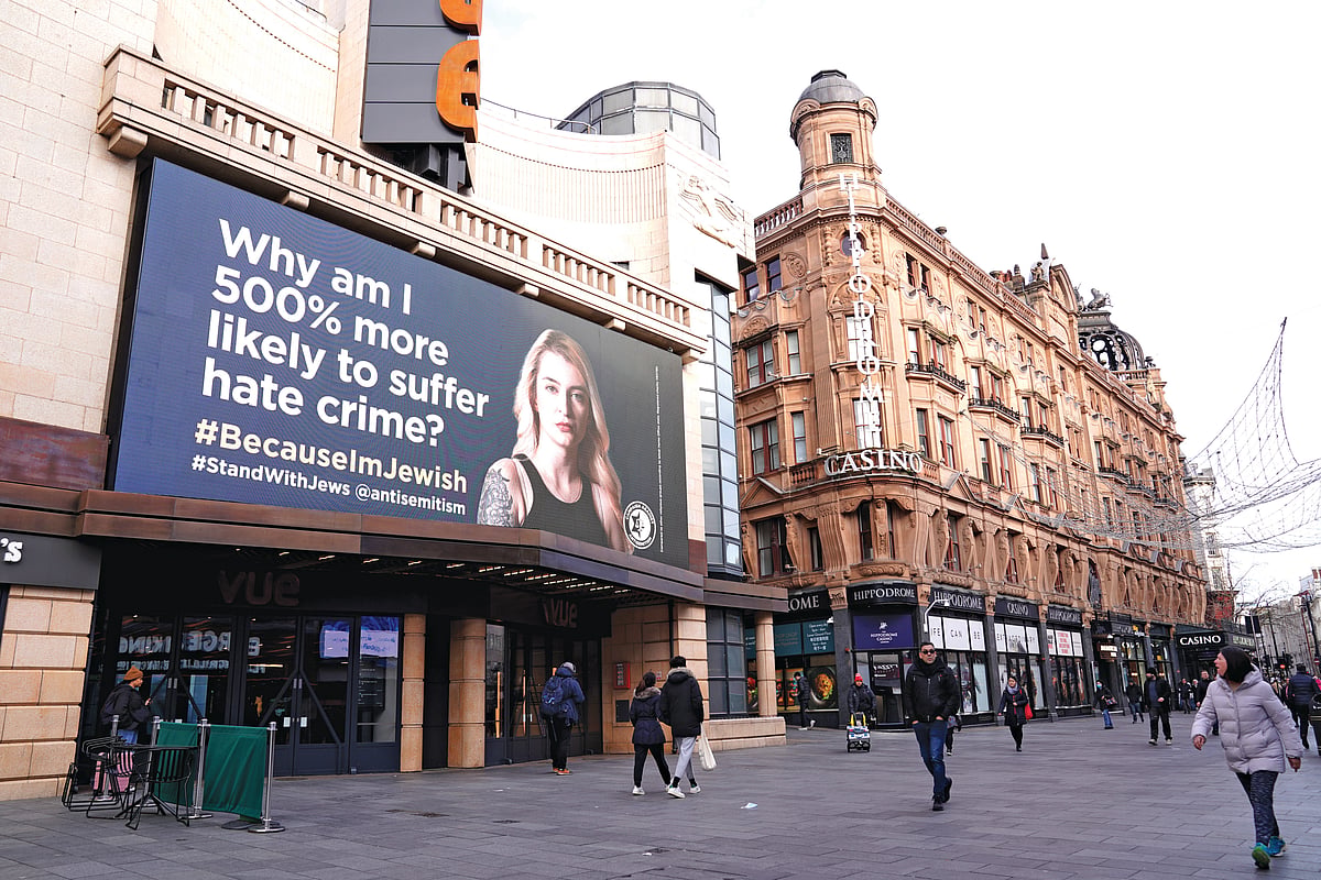 A billboard in Leicester Square, London, is part of a new campaign by the NGO, Campaign Against Antisemitism, which is seeking public support. (Photo: Getty Images)