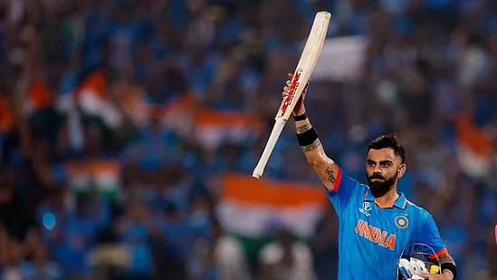 Virat Kohli after reaching a century in the 2023 ICC World Cup India-Bangladesh match in Pune on 19 October (photo: Getty Images)