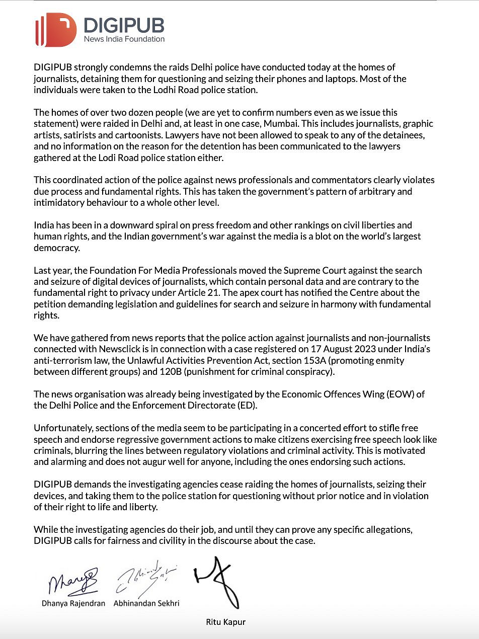DIGIPUB statement on the raids on journalists and other mediapersons in Delhi and Mumbai 