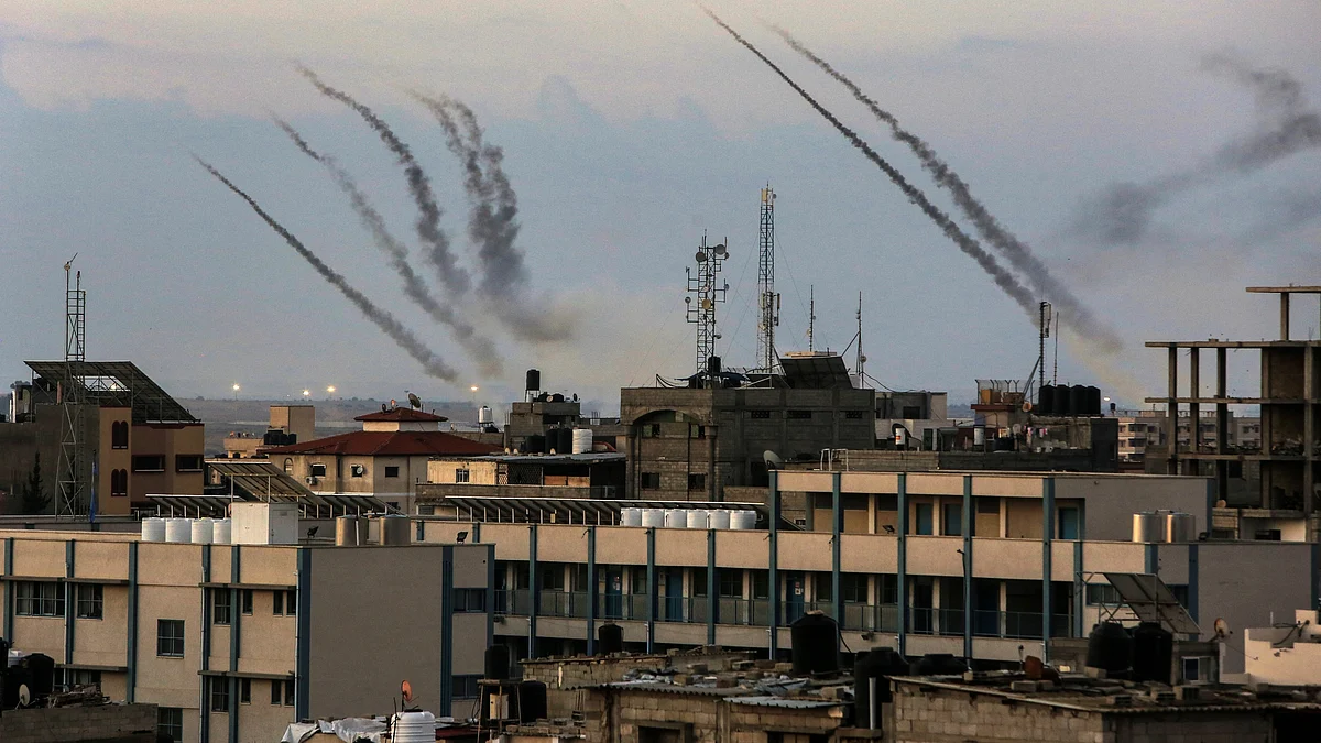 A view of rockets fired by Palestinians in response to Israeli airstrikes during an operation in Gaza city on 7 October (photo: Getty Images)