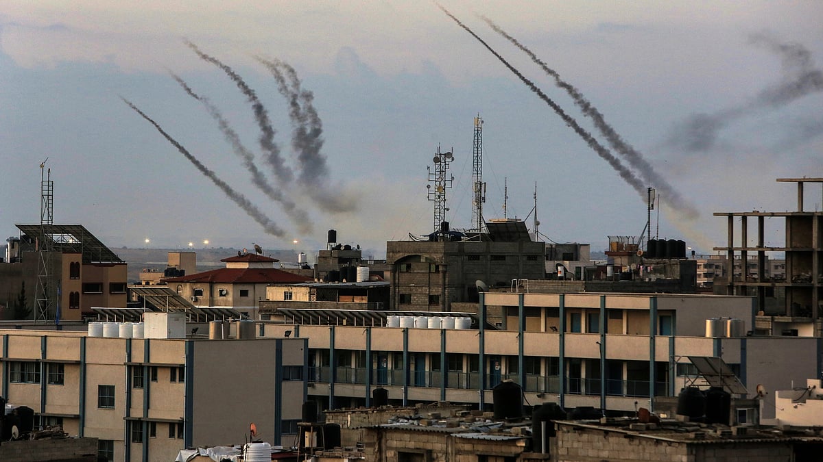 A view of rockets fired by Palestinians in response to Israeli airstrikes during an operation in Gaza city on 7 October (photo: Getty Images)