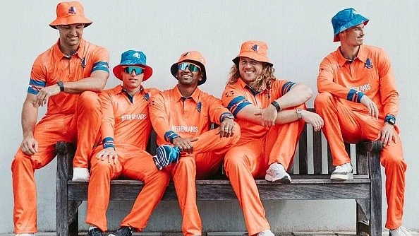 Members of the Netherlands team in their new jersey for the ICC World Cup 2023 (photo: the_bethive/ Instagram)