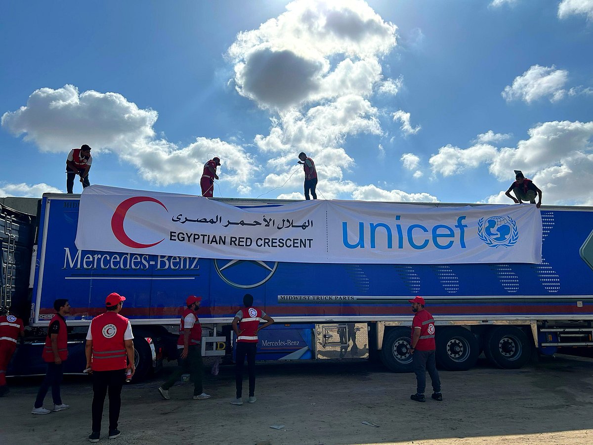 Aid trucks in the Egyptian city of El-Arish wait for permission to enter the city near the Rafah border crossing in Gaza (photo: Getty Images)