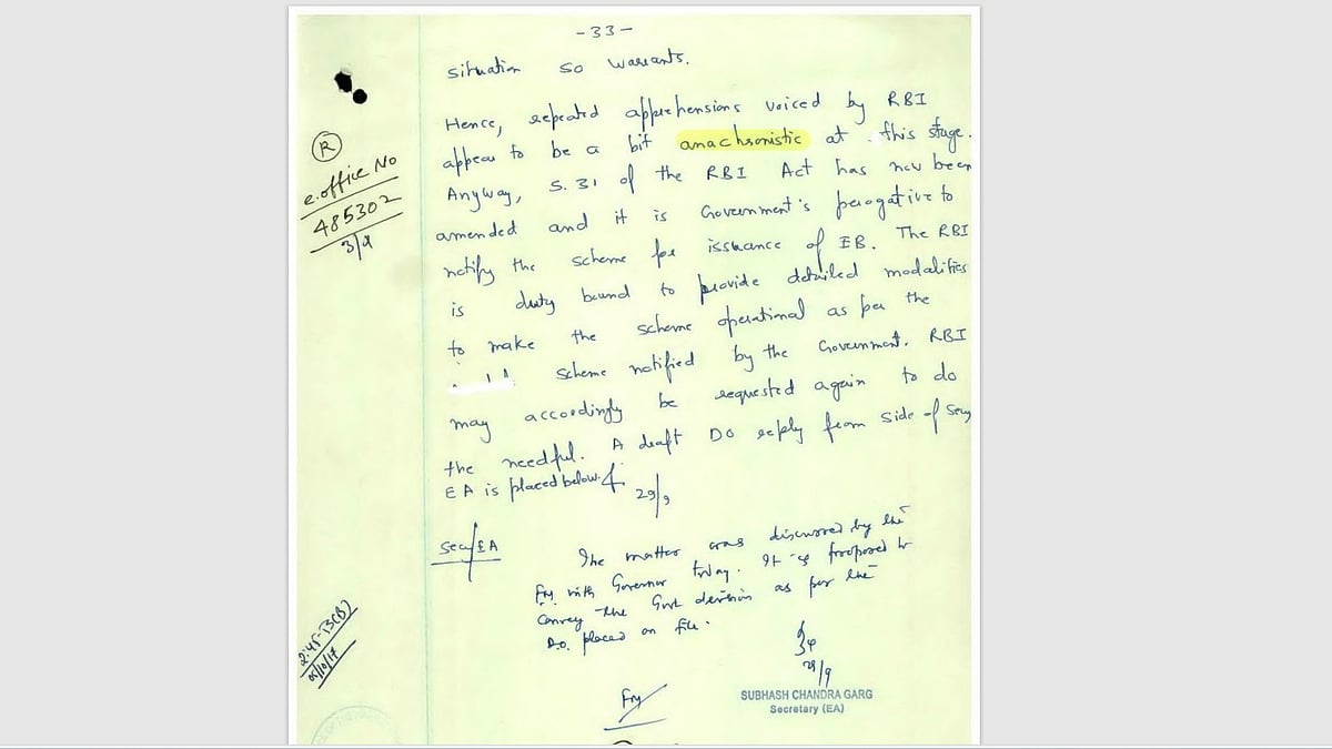 In a handwritten note, Subhash Chandra Garg expressed annoyance at RBI's "anachronistic" concerns
