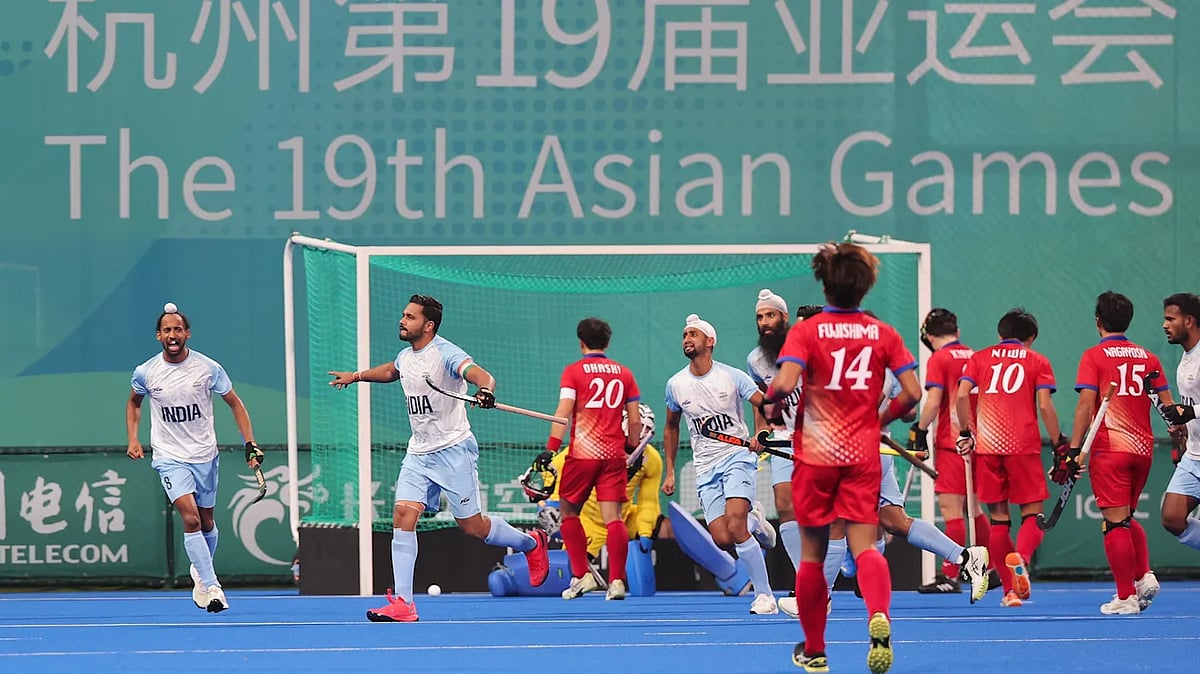 Indian skipper Harmanpreet Singh and team celebrate during their 5-1 rout of Japan in the Asian Games hockey final (photo: Getty Images)