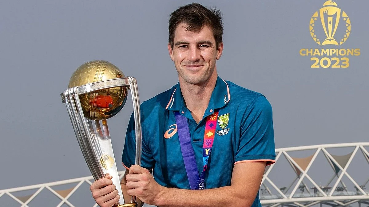 Australia skipper Pat Cummins with the World Cup trophy on the banks of the Sabarmati River on Monday (photo: @ICC/X)