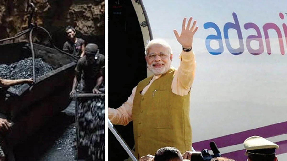 (left) Work at a coal mine; (right) Narendra Modi boards an Adani plane.  