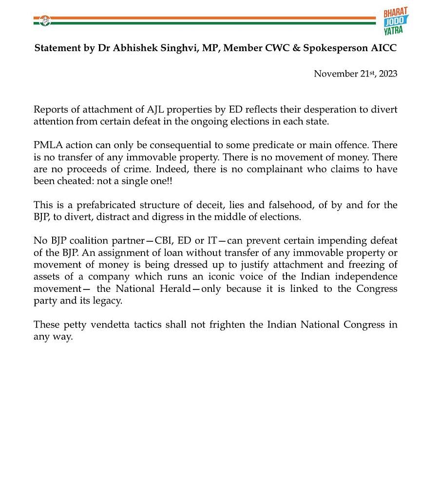 Statement on reports of attachment of Associated Journal properties by the Enforcement Directorate from the Indian National Congress (courtesy AICC)
