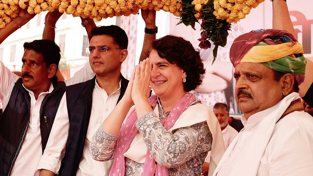 Rajasthan Congress leader Sachin Pilot (second from left) with Priyanka Gandhi on the campaign trail (photo: @priyankagandhi/X)