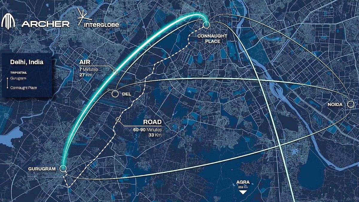 A map showing the flagship route for the InterGlobe-Archer flight from Connaught Place to Gurgaon and NOIDA (photo: Archer Aviation)