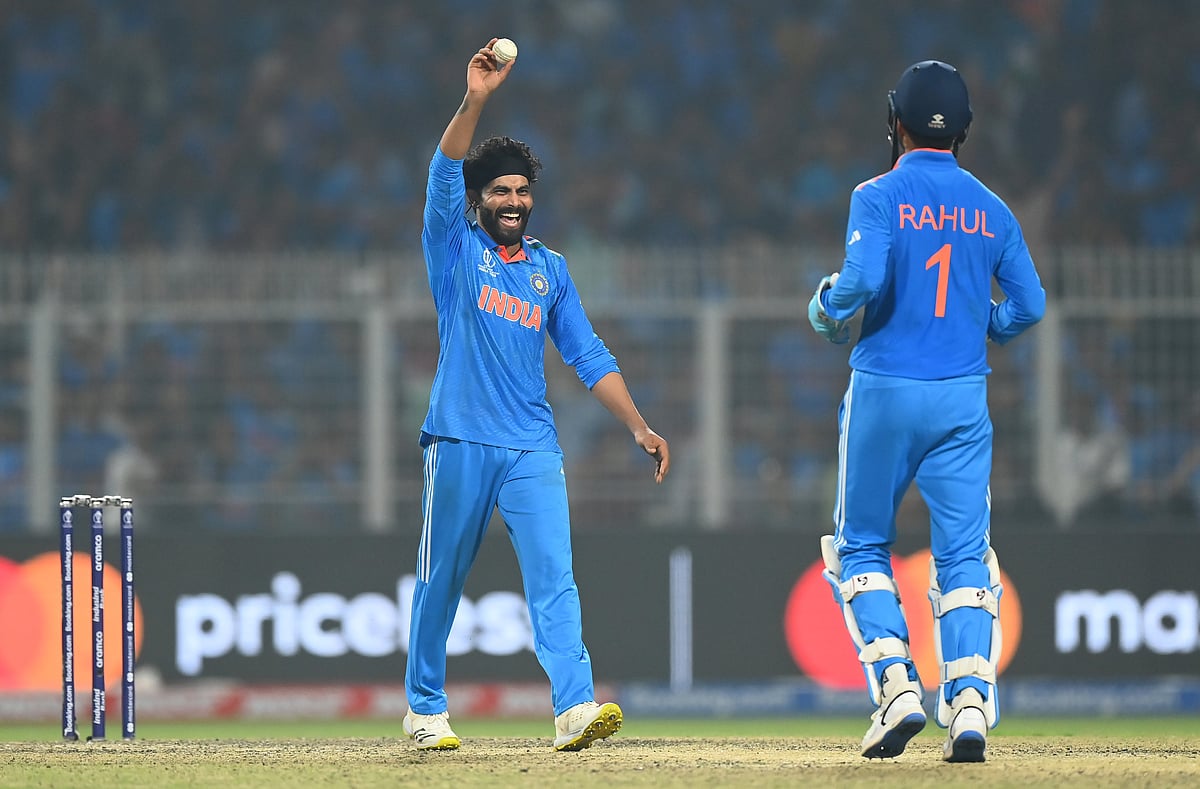 The joy of taking five wickets: Ravindra Jadeja against Soith Africa at Eden Gardens on Sunday , 5 Nov. 2023 