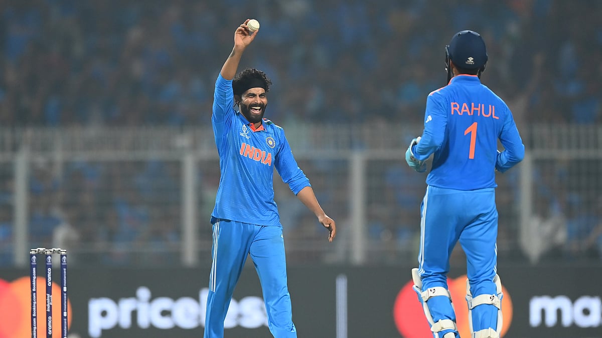 The joy of taking five wickets: Ravindra Jadeja against Soith Africa at Eden Gardens on Sunday , 5 Nov. 2023