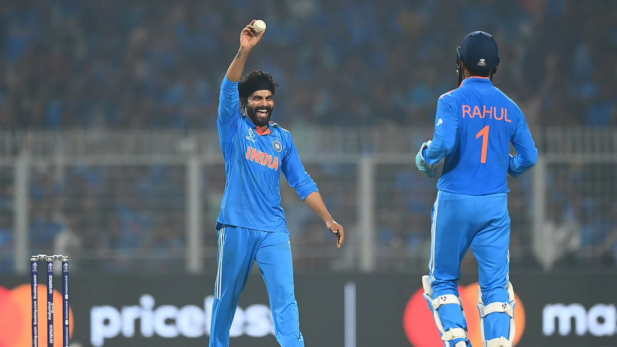 The joy of taking five wickets: Ravindra Jadeja against Soith Africa at Eden Gardens on Sunday , 5 Nov. 2023