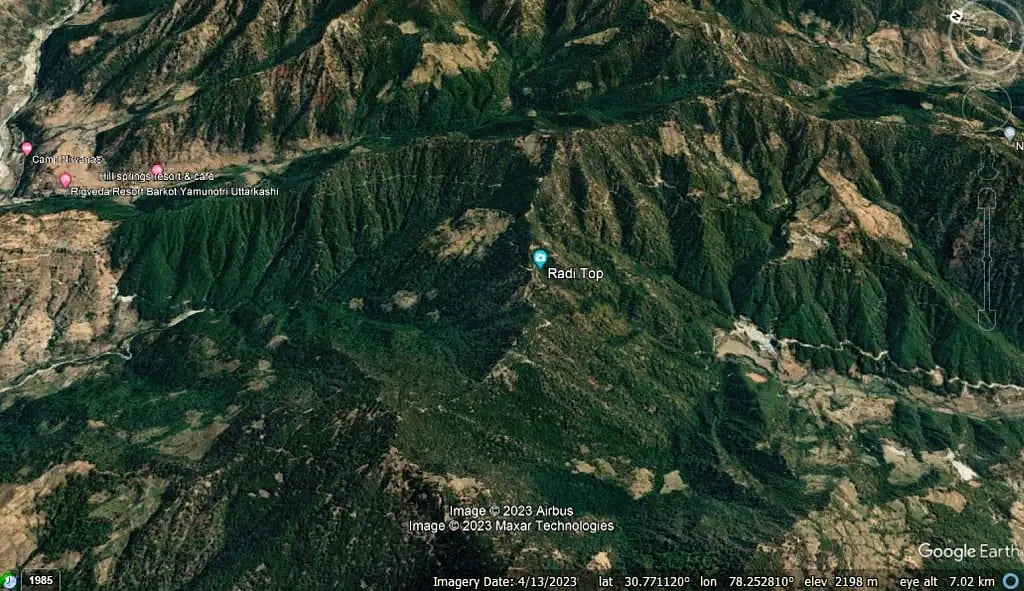 A Google Earth image of the terrain around the tunnel