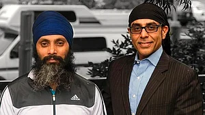 Gurpatwant Singh Pannun (right) with slain Khalistan Tiger Force chief Hardeep Singh Nijjar (photo: Indo-Canadian Voice)