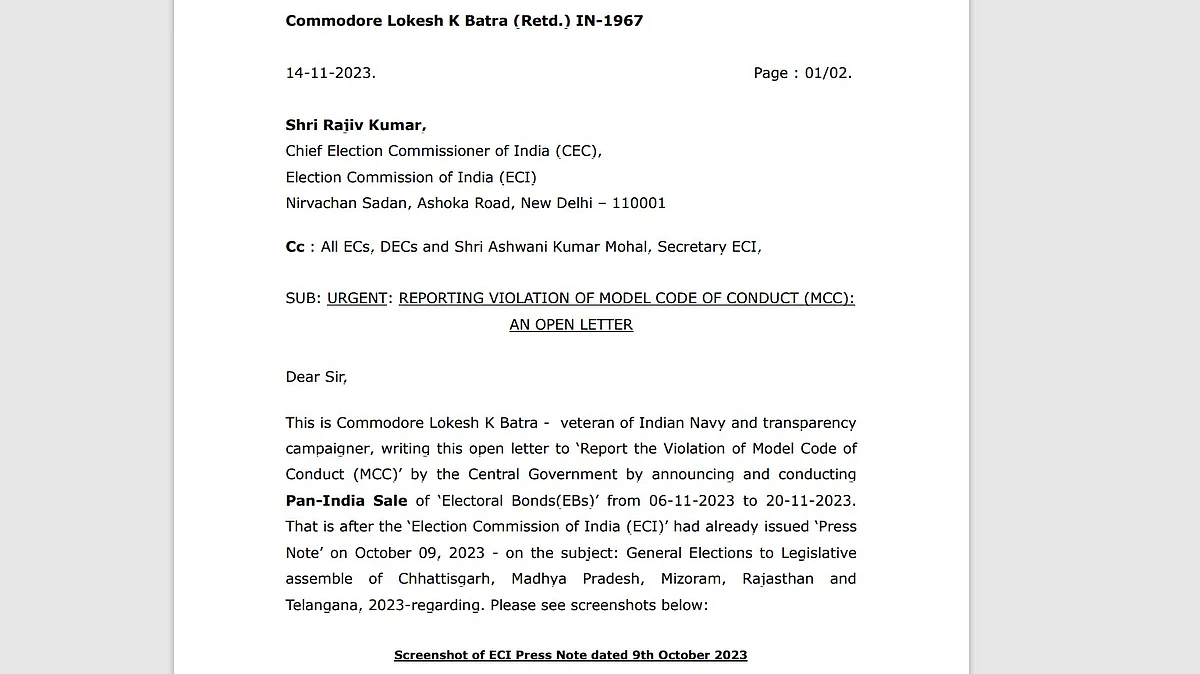 Commodore Lokesh K Batra's open letter on a violation of the model code of conduct by the Centre by announcing and conducting pan-India sale of EBs from 6 to 20 November