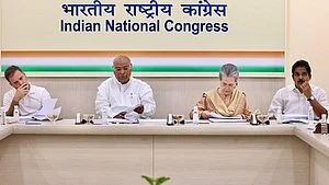 (From left to right) Rahul Gandhi, Mallikarjun Kharge, Sonia Gandhi and KC Venugopal, senior leaders of the Indian National Congress, which has nominated 179 candidates now, with 3 weeks to go for the Rajasthan Assembly polls (photo: IANS)