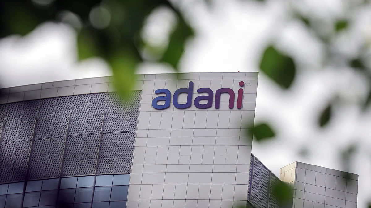 Signage atop the Adani Group headquarters in Ahmedabad, India (Photo: Dhiraj Singh/Bloomberg via Getty Images)