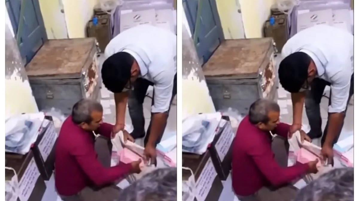 In this video grab shared by Madhya Pradesh Congress, election officials are seen opening postal ballots before the due date